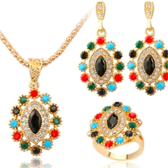 Multicolor Rhinestone Necklace ,Earrings,Ring set - Picture 2 of 6